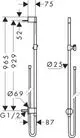Brausestange mit Wandanschluss, zur Montage geeignet. Axor-Design mit einem integrierten Brauseschlauch. Technische Maße sind im Diagramm dargestellt.